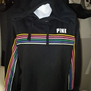 Victoria's Secret PINK Black Rainbow Striped Hooded Pullover